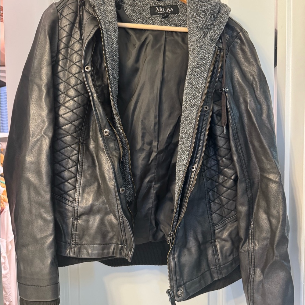 Mo-Ka Black Leather Bomber Jacket with Gray Hood